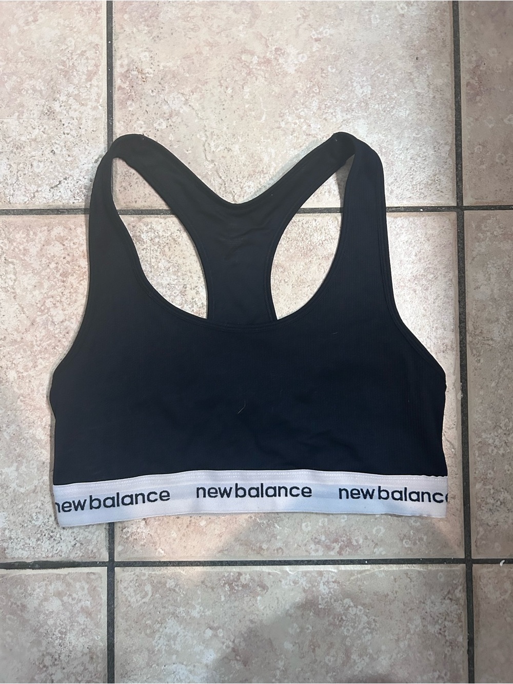 New Balance Black Racerback Sports Crop with White Branded Hem